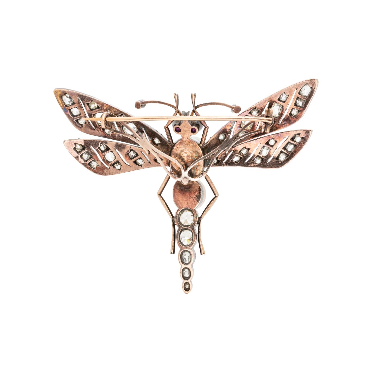 FRENCH, ANTIQUE, SILVER-TOPPED GOLD, NATURAL PEARL, DIAMOND AND RUBY DRAGONFLY BROOCH