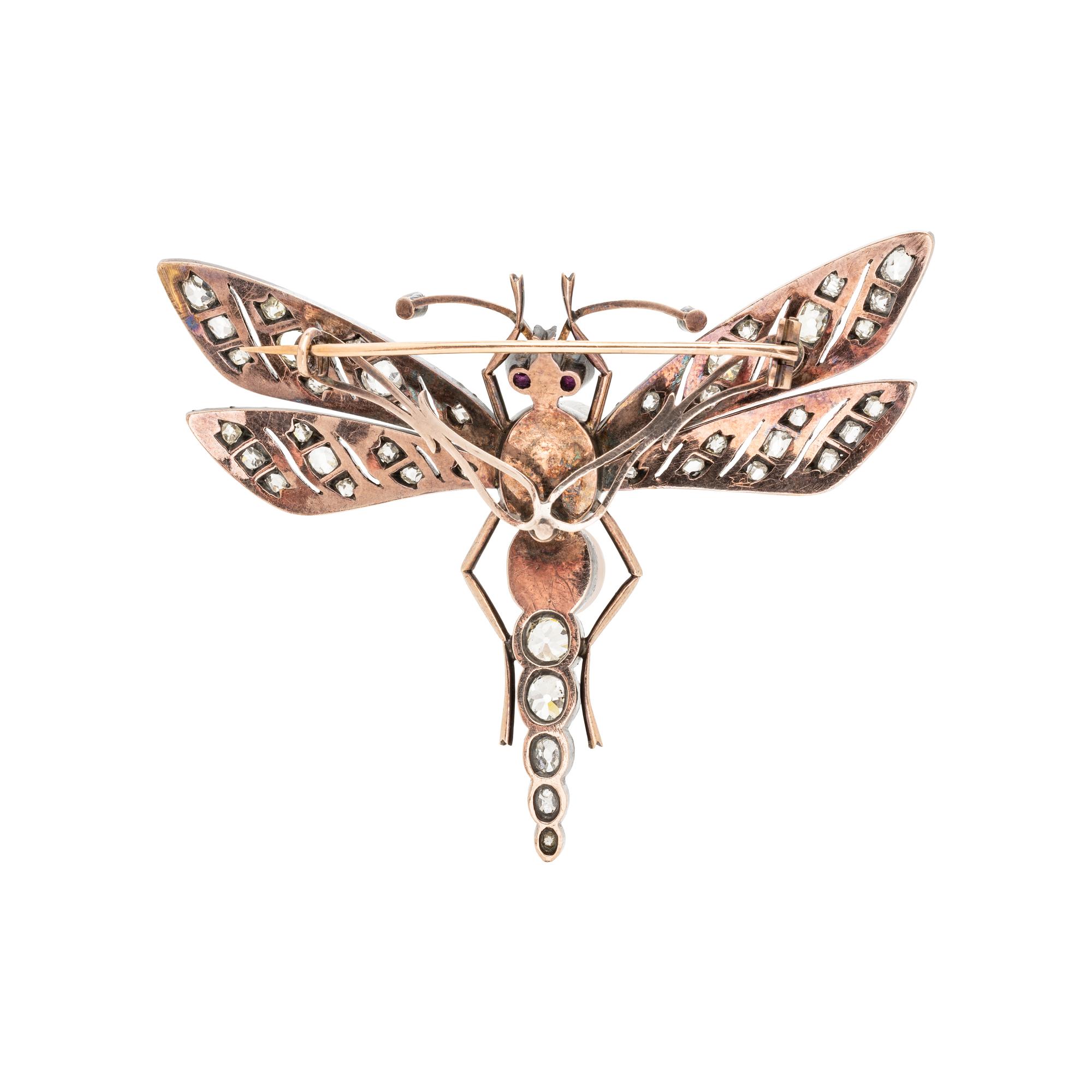 FRENCH, ANTIQUE, SILVER-TOPPED GOLD, NATURAL PEARL, DIAMOND AND RUBY DRAGONFLY BROOCH