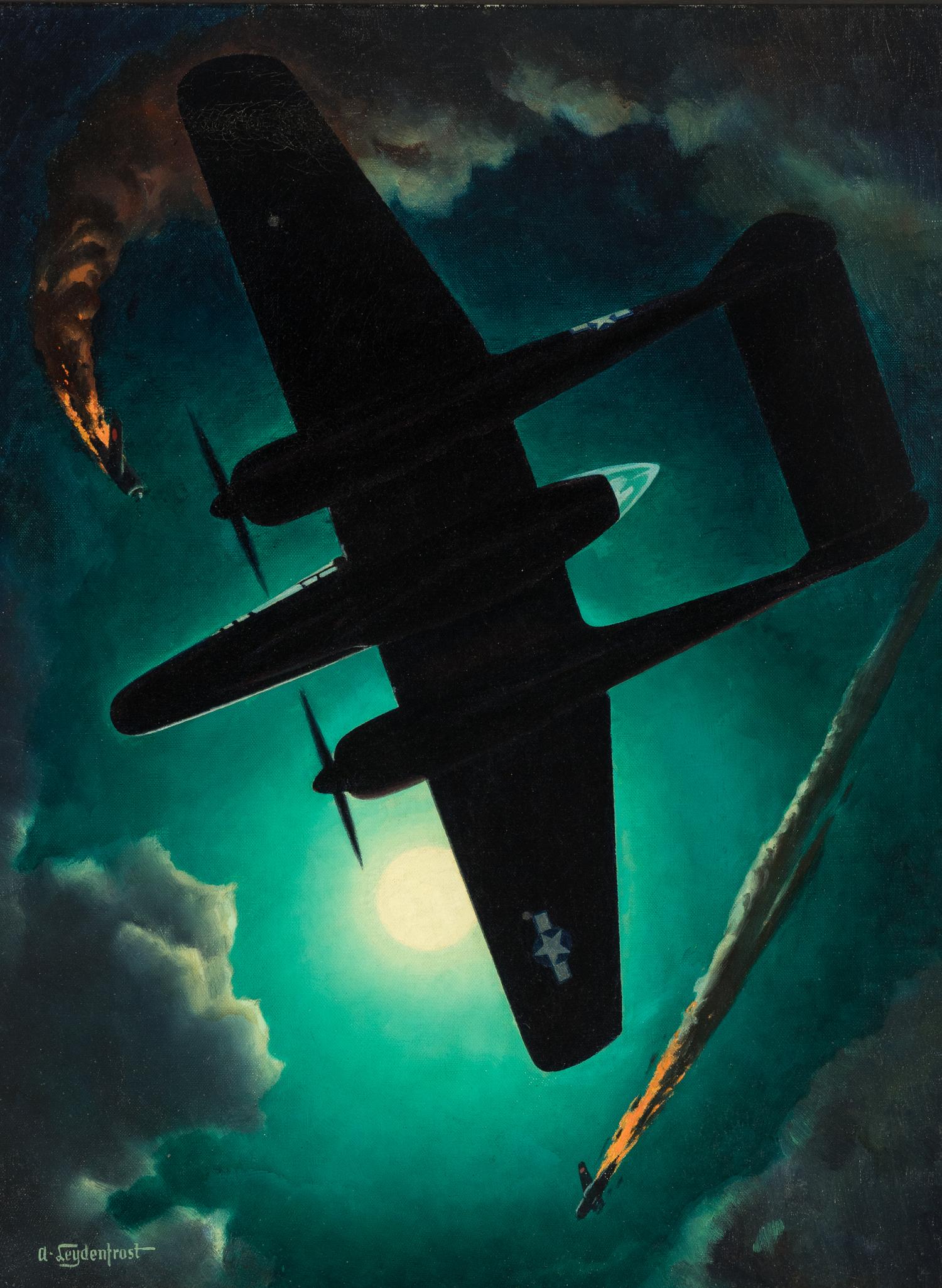 LEYDENFROST, Alexander (1888-1961). The Black Widow Flies at Night (Northrop's P-61). c. 1945.