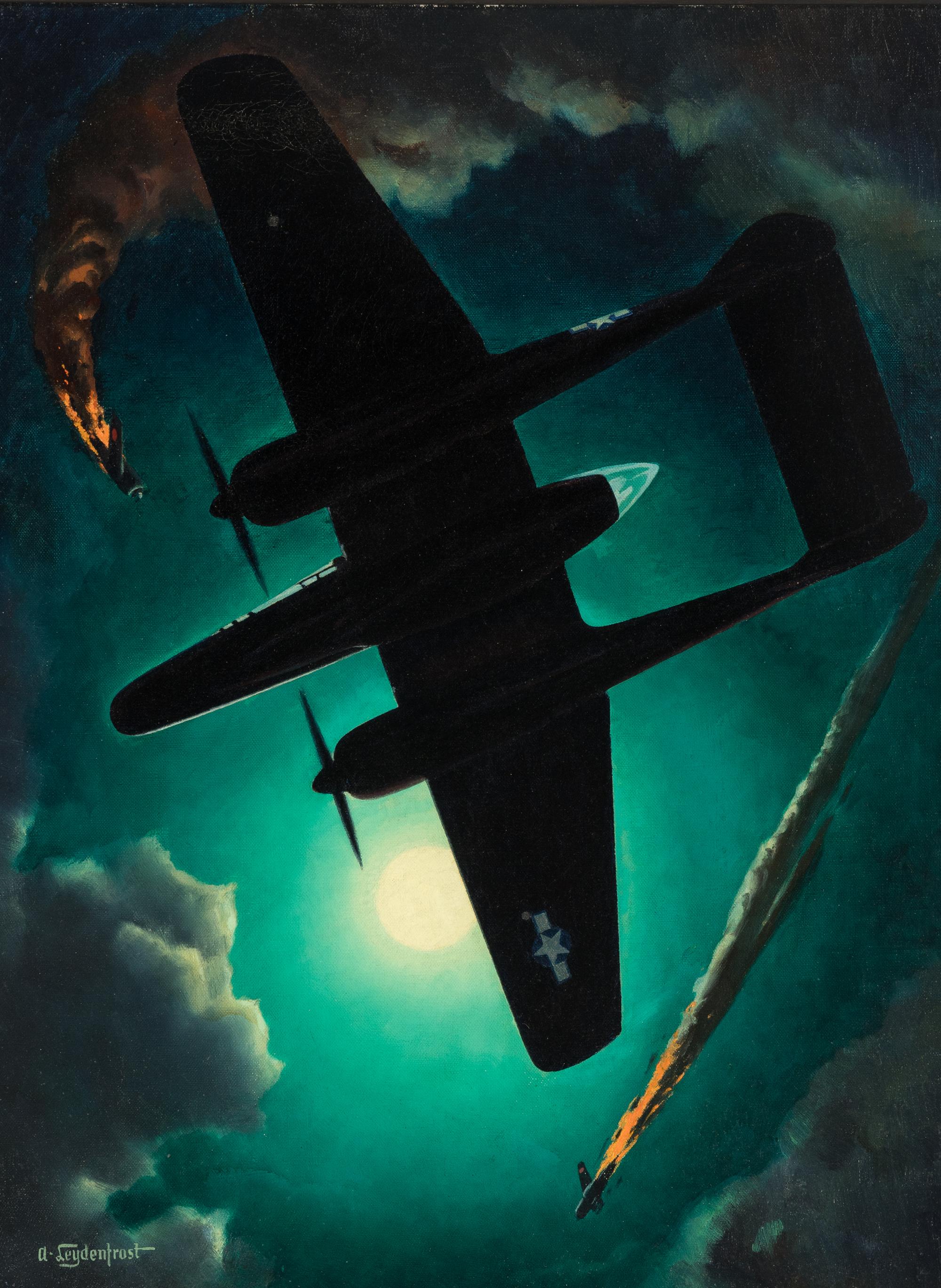 LEYDENFROST, Alexander (1888-1961). The Black Widow Flies at Night (Northrop's P-61). c. 1945.