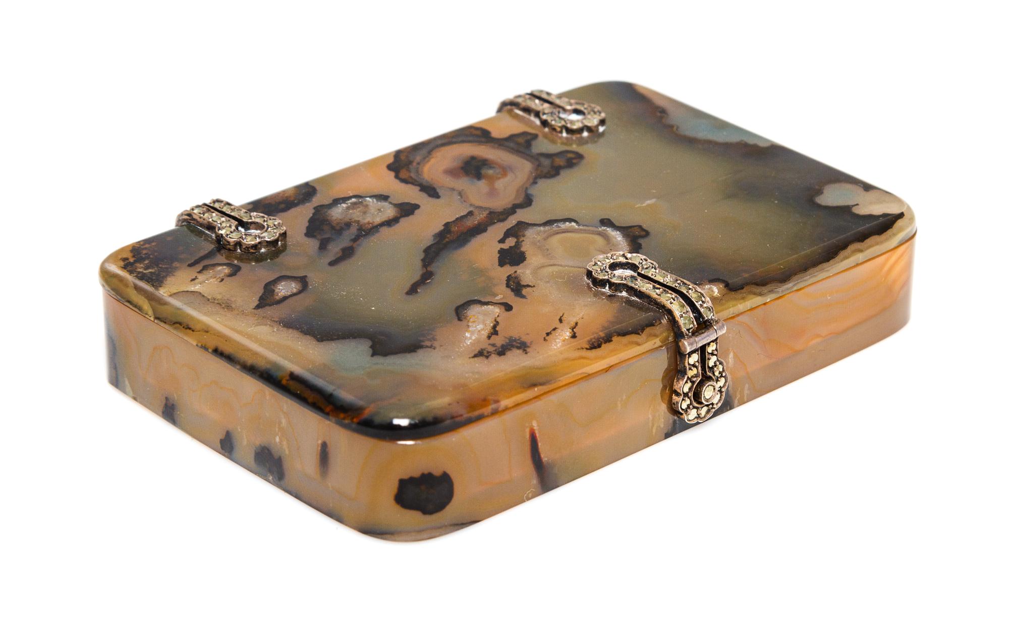 A Russian Marcasite Mounted Hardstone Box, 19th/20th Century, of rectangular form with a jeweled clasp and hinges.