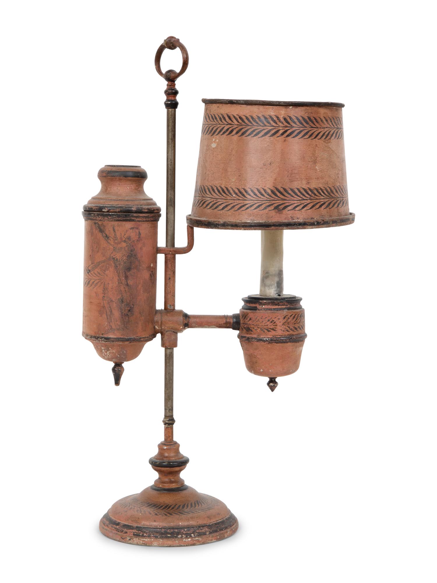 A French Tôle Peinte and Cast Iron Oil Lamp