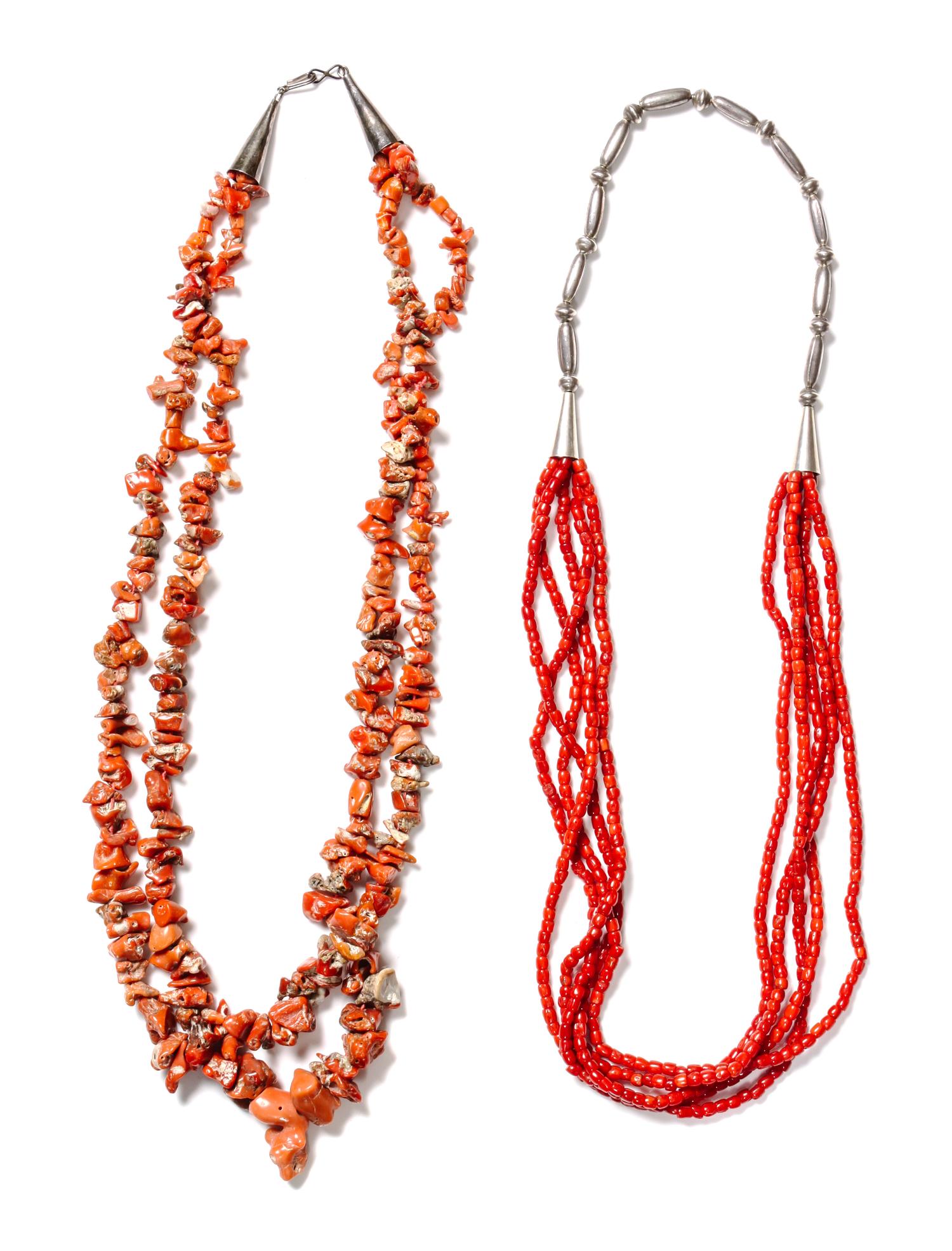 Two Southwestern Style Coral Necklaces Length of the first 26 inches.
