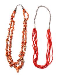 Two Southwestern Style Coral Necklaces Length of the first 26 inches.
