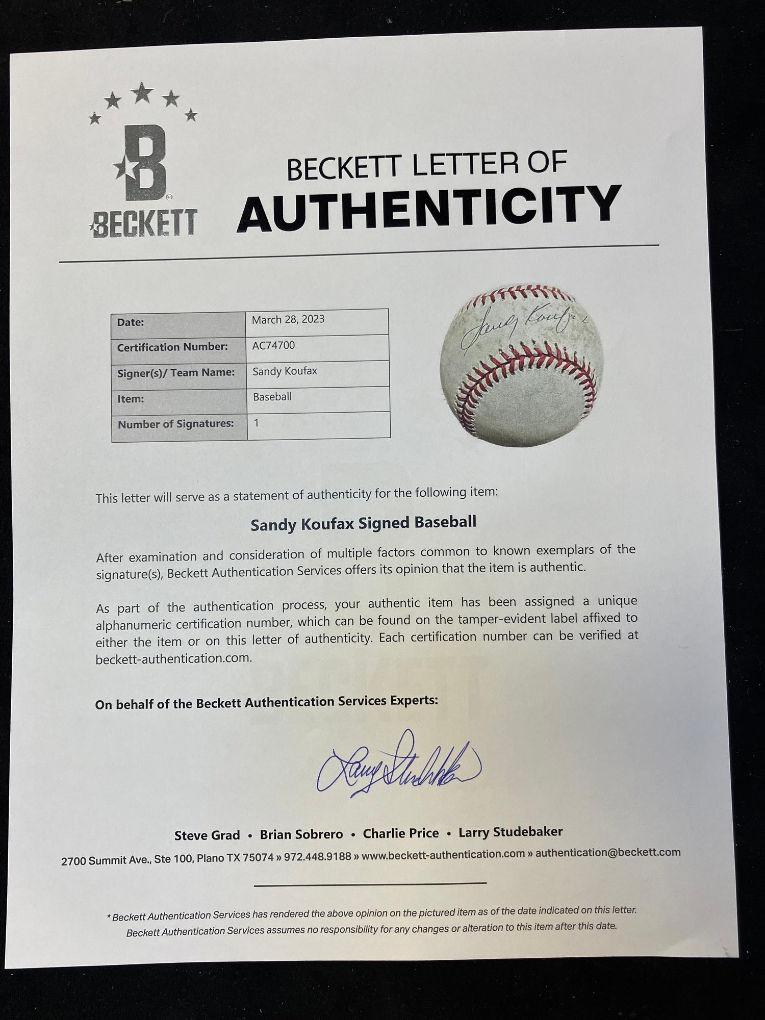A Sandy Koufax Single Signed Autograph Baseball (Beckett Authentication Services Letter)
