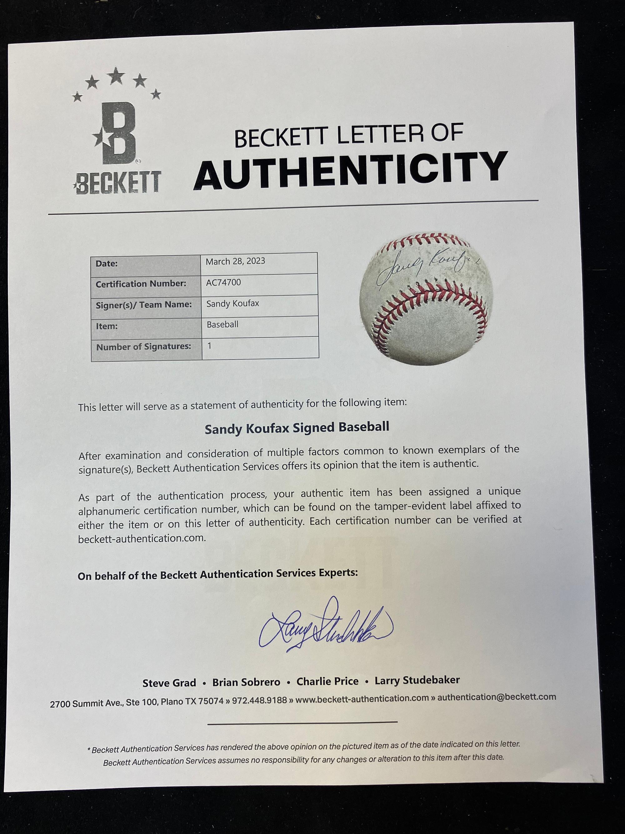A Sandy Koufax Single Signed Autograph Baseball (Beckett Authentication Services Letter)