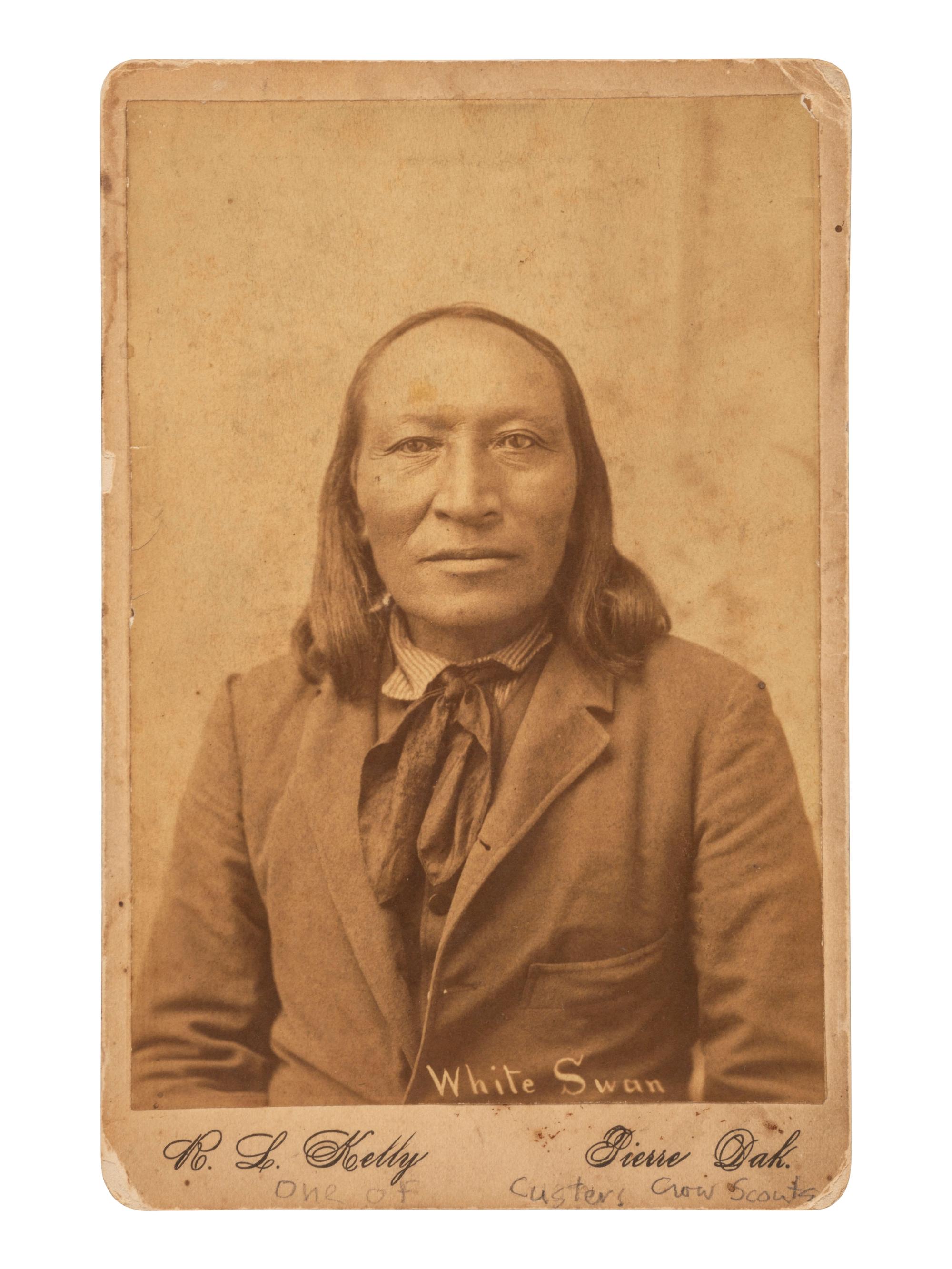 [NATIVE AMERICANS]. Cabinet card of White Swan. Pierre, Dakota: R.L. Kelly, ca 1880s.