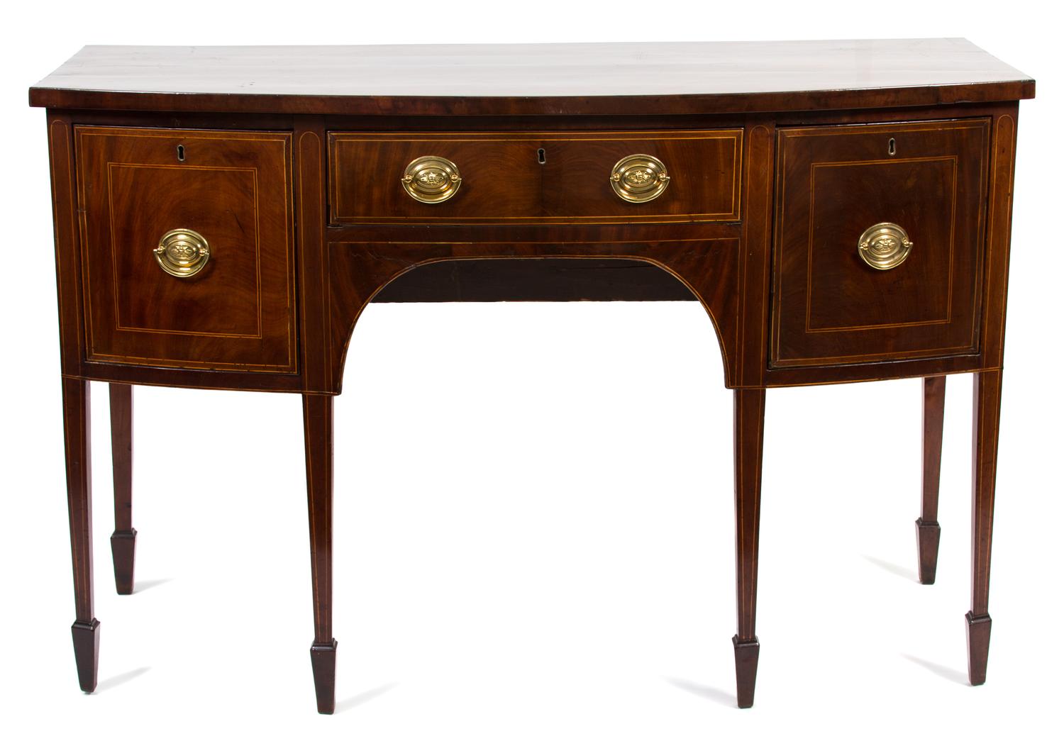 A George III Style Inlaid Mahogany Bowfront Sideboard Height 35 x width 54 x depth 23 1/2 inches. — 19TH CENTURY