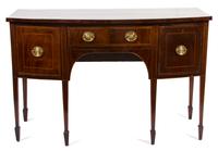 A George III Style Inlaid Mahogany Bowfront Sideboard Height 35 x width 54 x depth 23 1/2 inches. — 19TH CENTURY