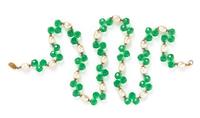 A Miriam Haskell Faux Pearl and Green Faceted Crystal Bead Necklace, 30".