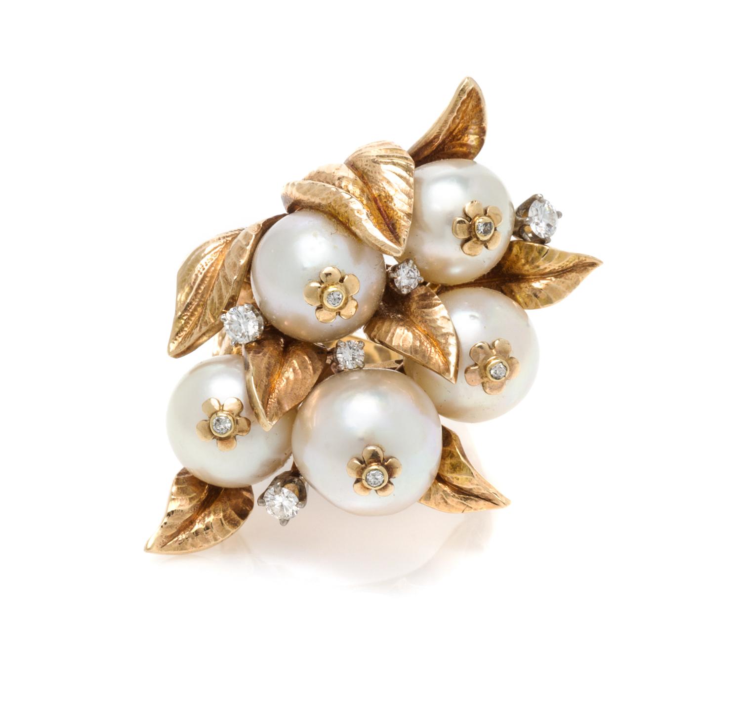 A Yellow Gold, Cultured Pearl and Diamond Ring, 16.60 dwts.