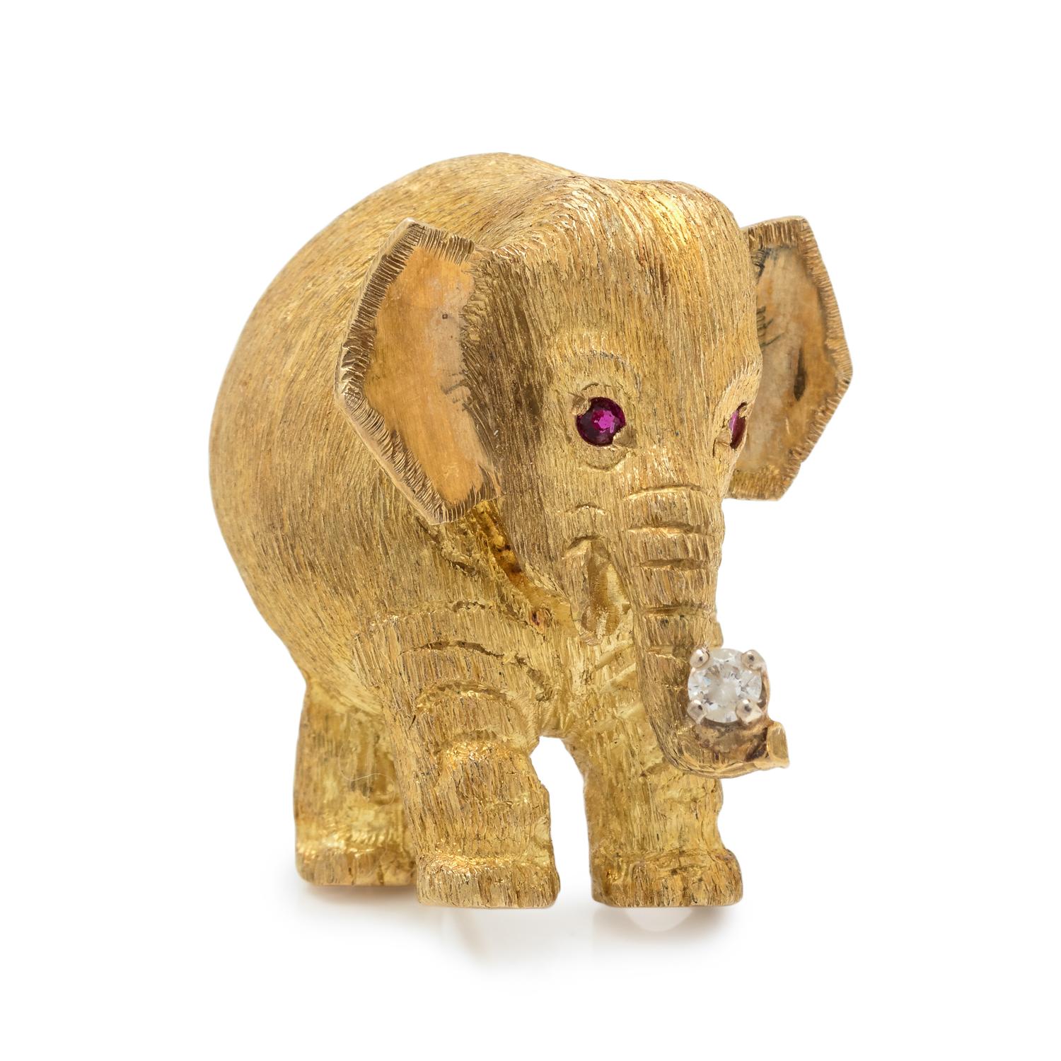 YELLOW GOLD, DIAMOND AND RUBY ELEPHANT BROOCH