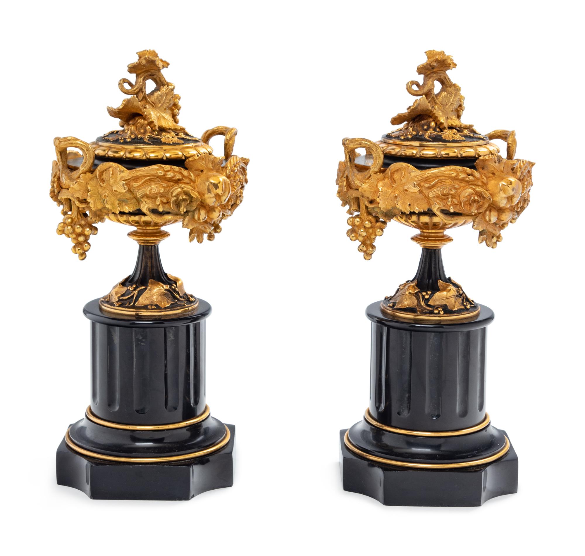 A Pair of French Gilt and Patinated Bronze and Marble Compotes