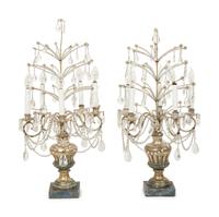 A Pair of Louis XV Style Cut Glass Five-Light Girandoles in Silvered Wood Bases