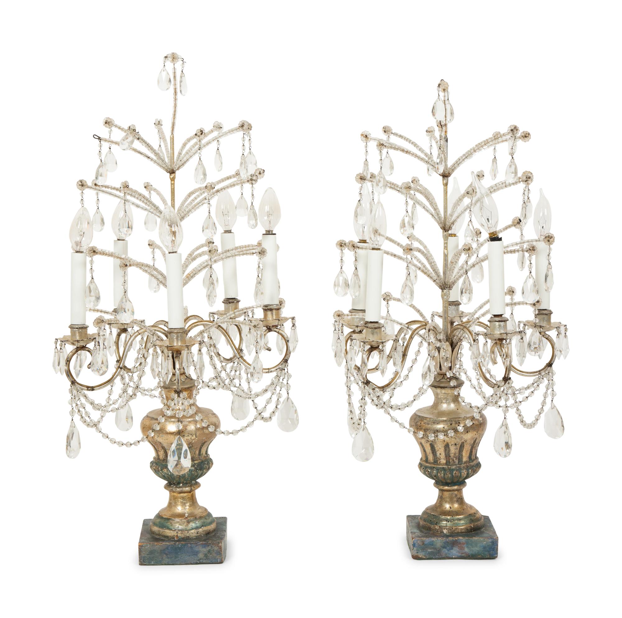 A Pair of Louis XV Style Cut Glass Five-Light Girandoles in Silvered Wood Bases