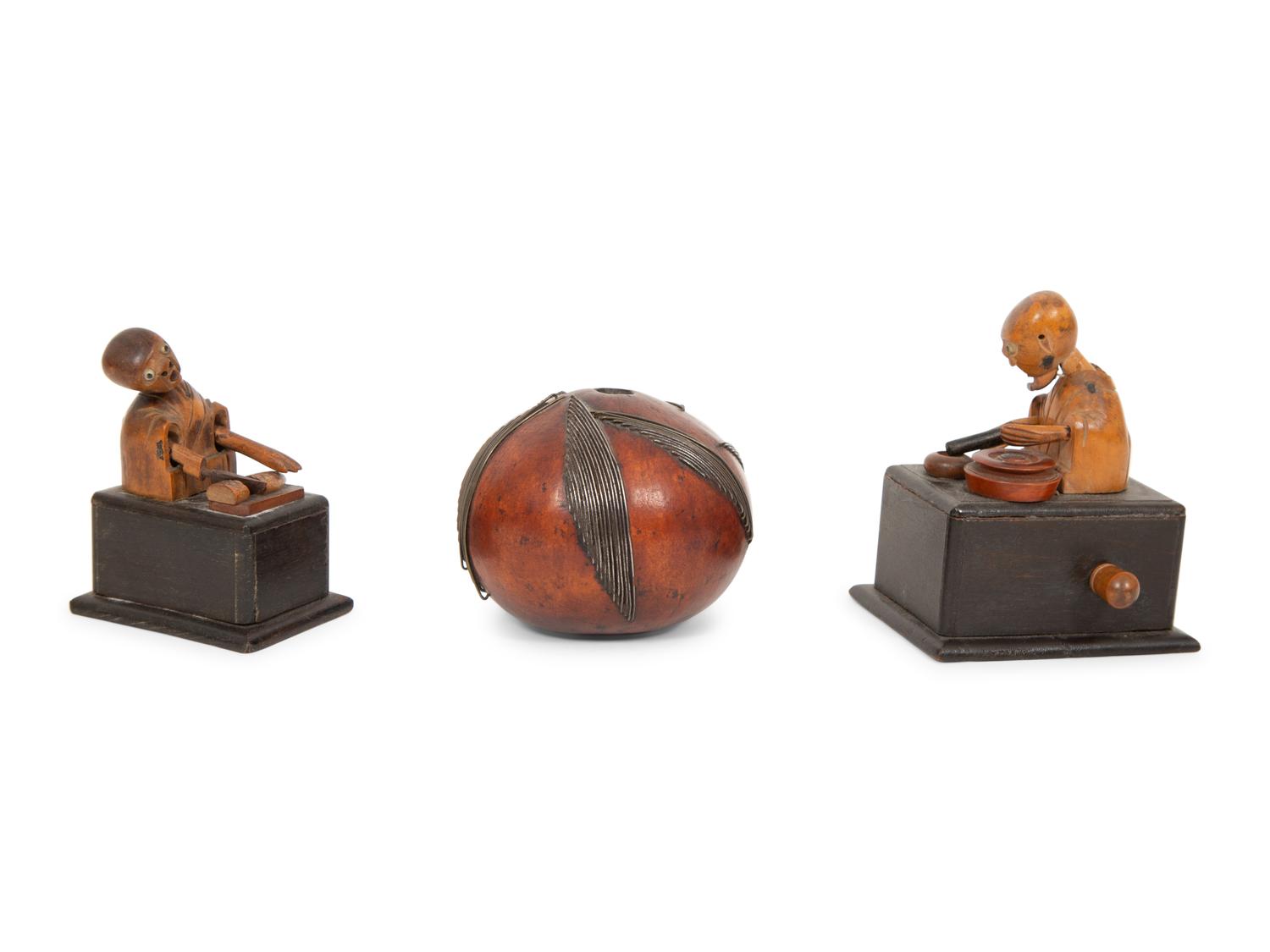 Two Japanese Carved Wood Kobi Ningyo Automatons and a Silver Mounted Gourd