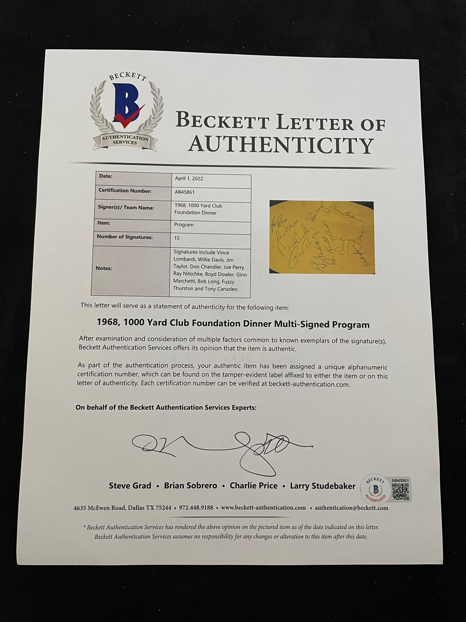 An Exceptional Vince Lombardi and Green Bay Packers Legends Multi Signed Autograph 1968 1,000 Yard Club Foundation Dinner Program (Beckett Authentication Services Letter BAS Certified),