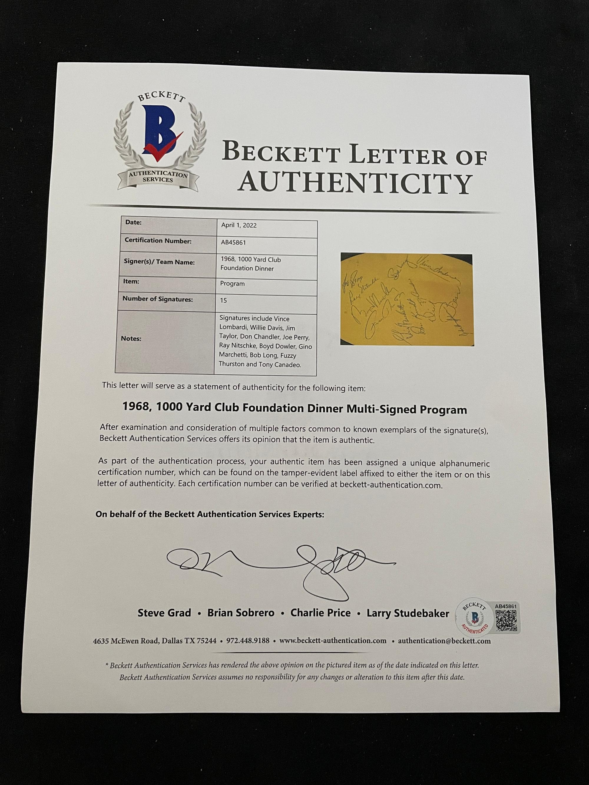 An Exceptional Vince Lombardi and Green Bay Packers Legends Multi Signed Autograph 1968 1,000 Yard Club Foundation Dinner Program (Beckett Authentication Services Letter BAS Certified),