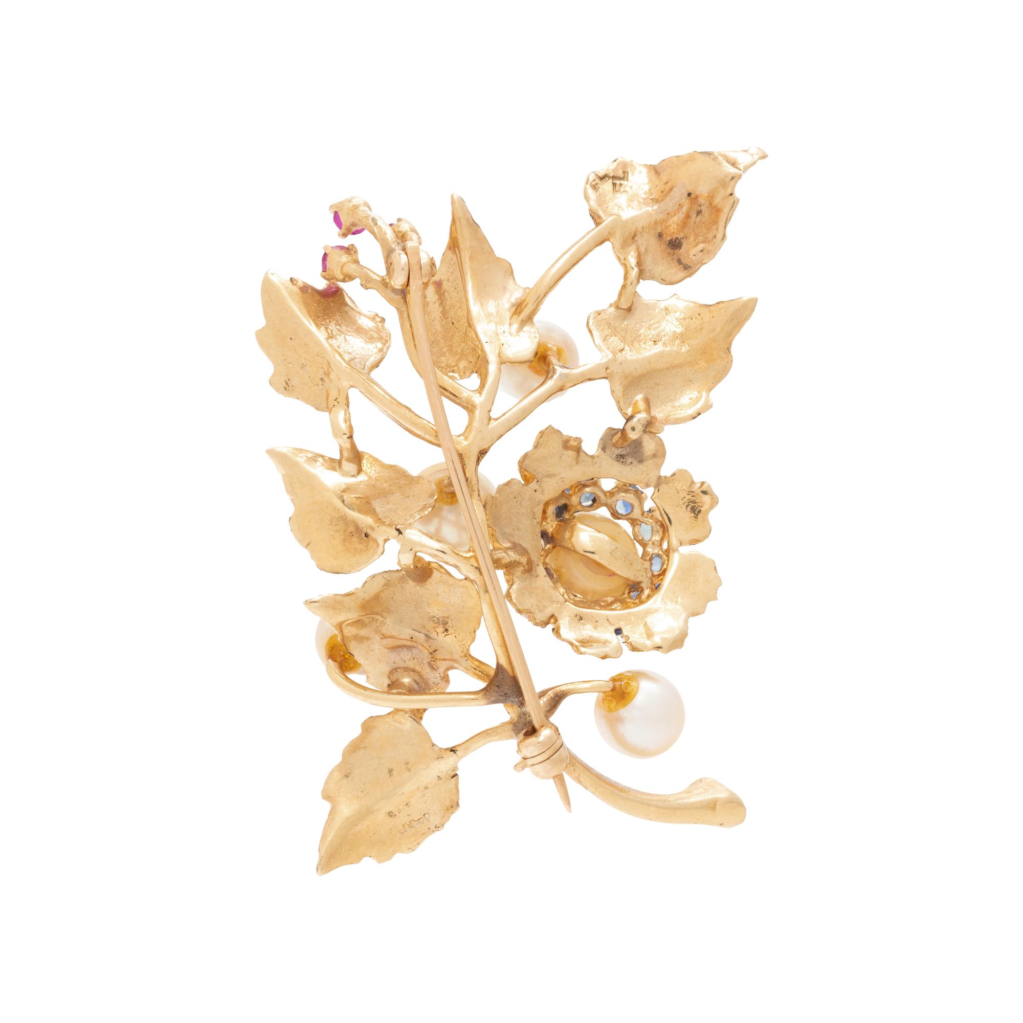 YELLOW GOLD, CULTURED PEARL AND GEMSTONE BROOCH