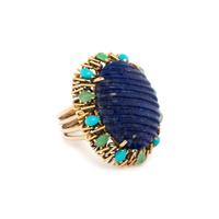 YELLOW GOLD, CARVED LAPIS AND MULTIGEM RING