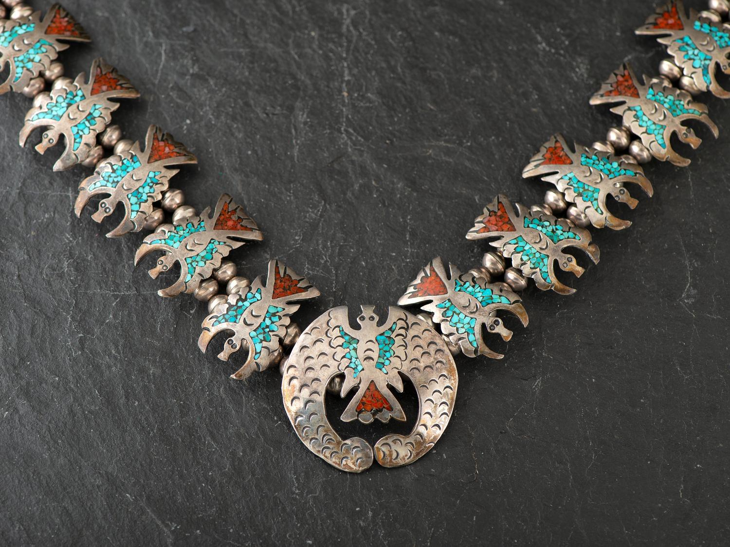 Navajo Silver Waterbird Squash Blossom, with Coral and Turquoise Chip Inlay