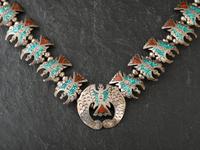 Navajo Silver Waterbird Squash Blossom, with Coral and Turquoise Chip Inlay