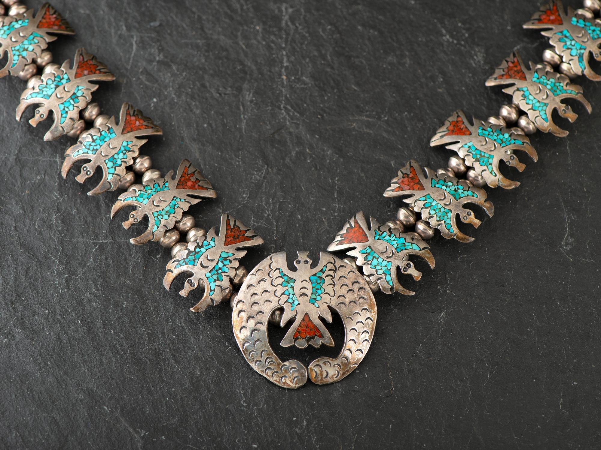 Navajo Silver Waterbird Squash Blossom, with Coral and Turquoise Chip Inlay