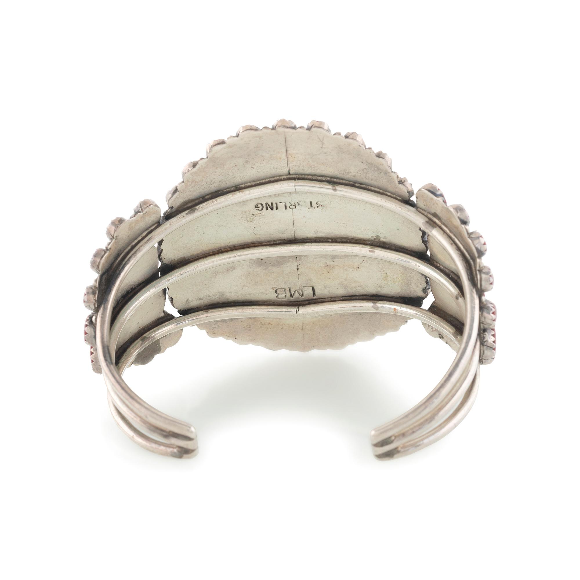 Sterling Silver and Coral Cluster Cuff Bracelet