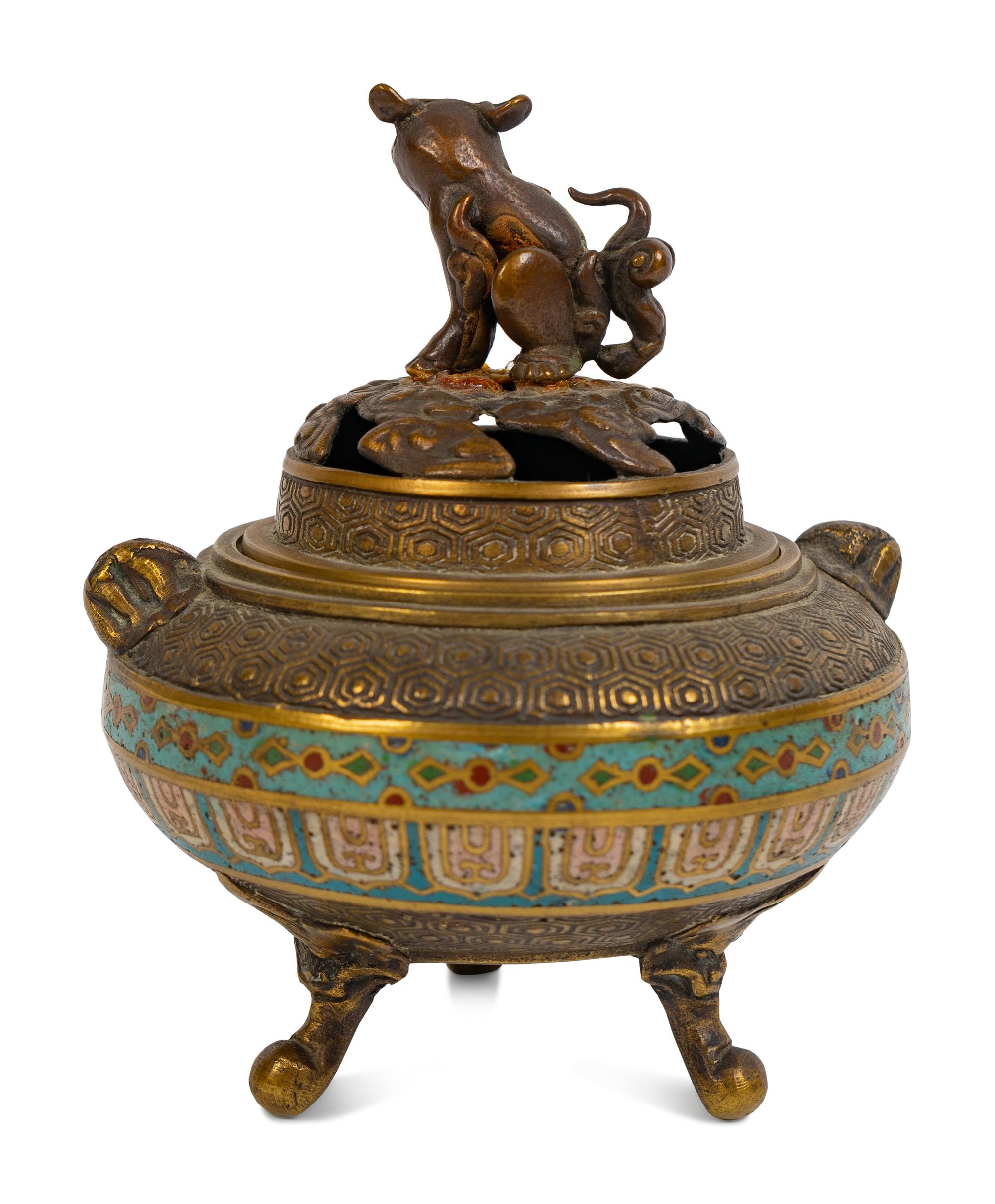 A Japanese Bronze and Cloisonné Enamel Tripod Incense Burner