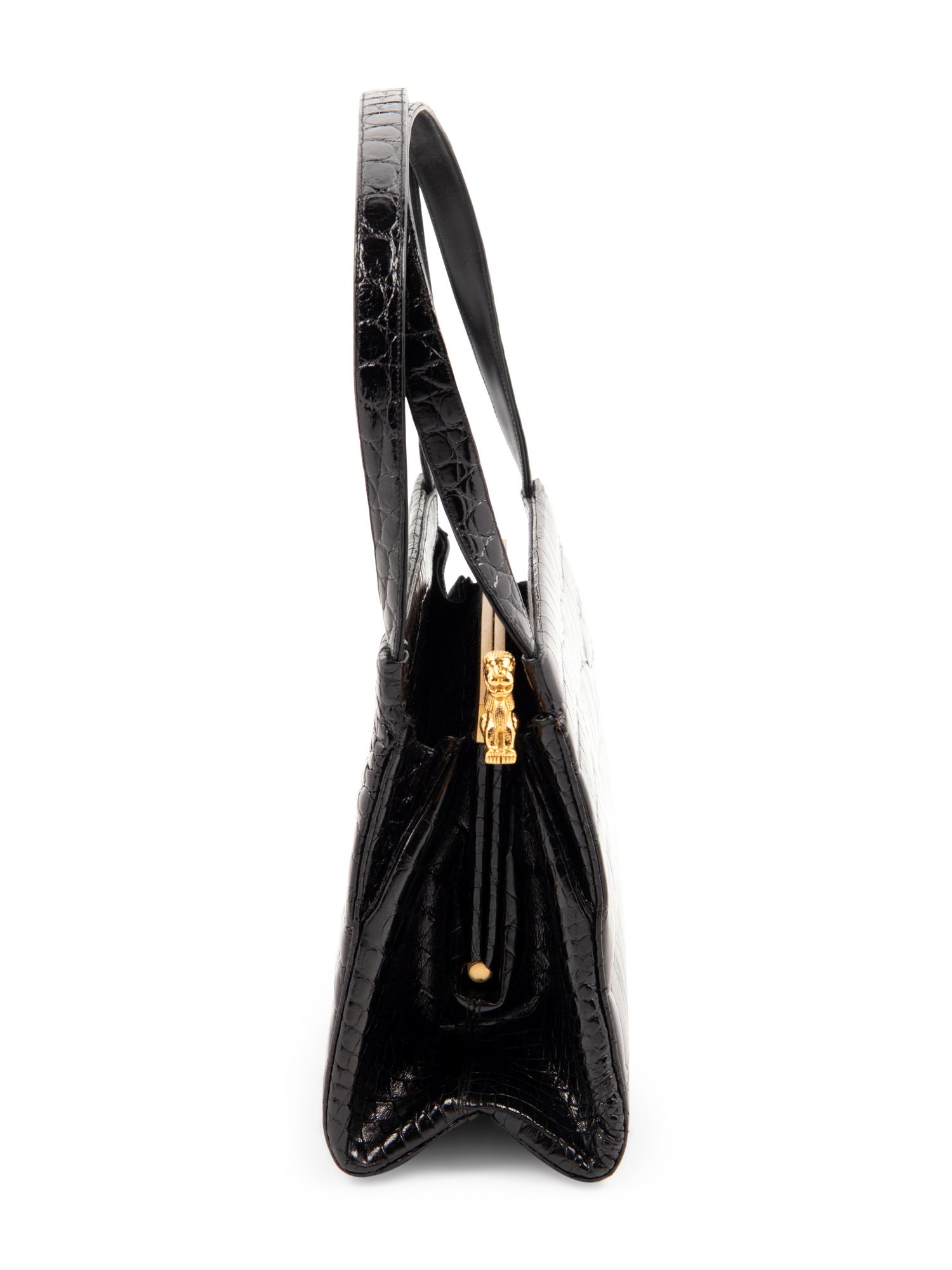 Judith Leiber Black Crocodile Handbag with Lion Release Clip