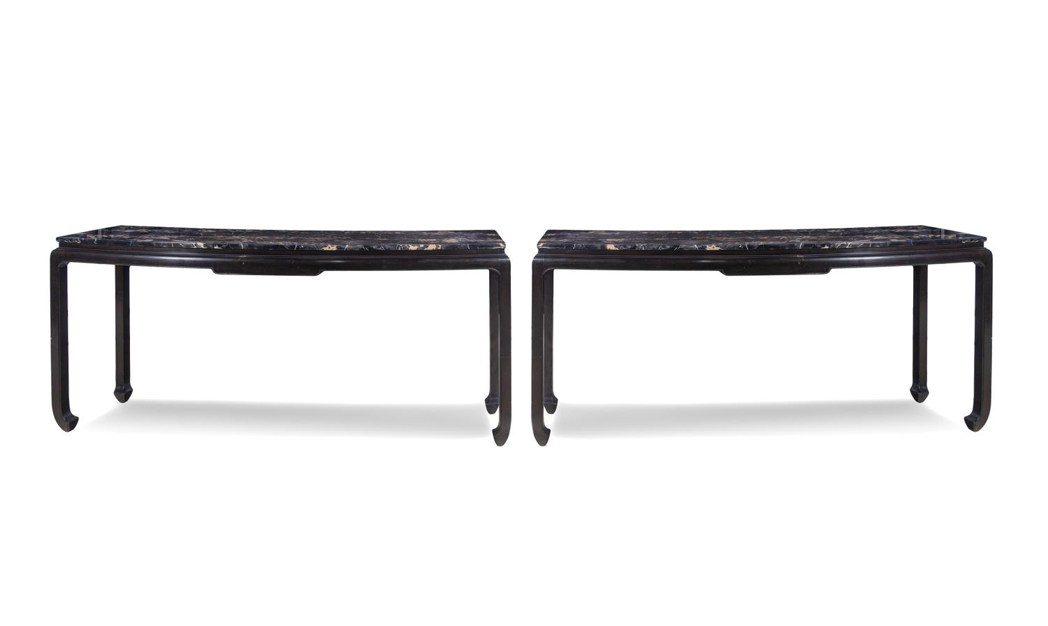 A Pair of Ebonized Marble-Top Console Tables