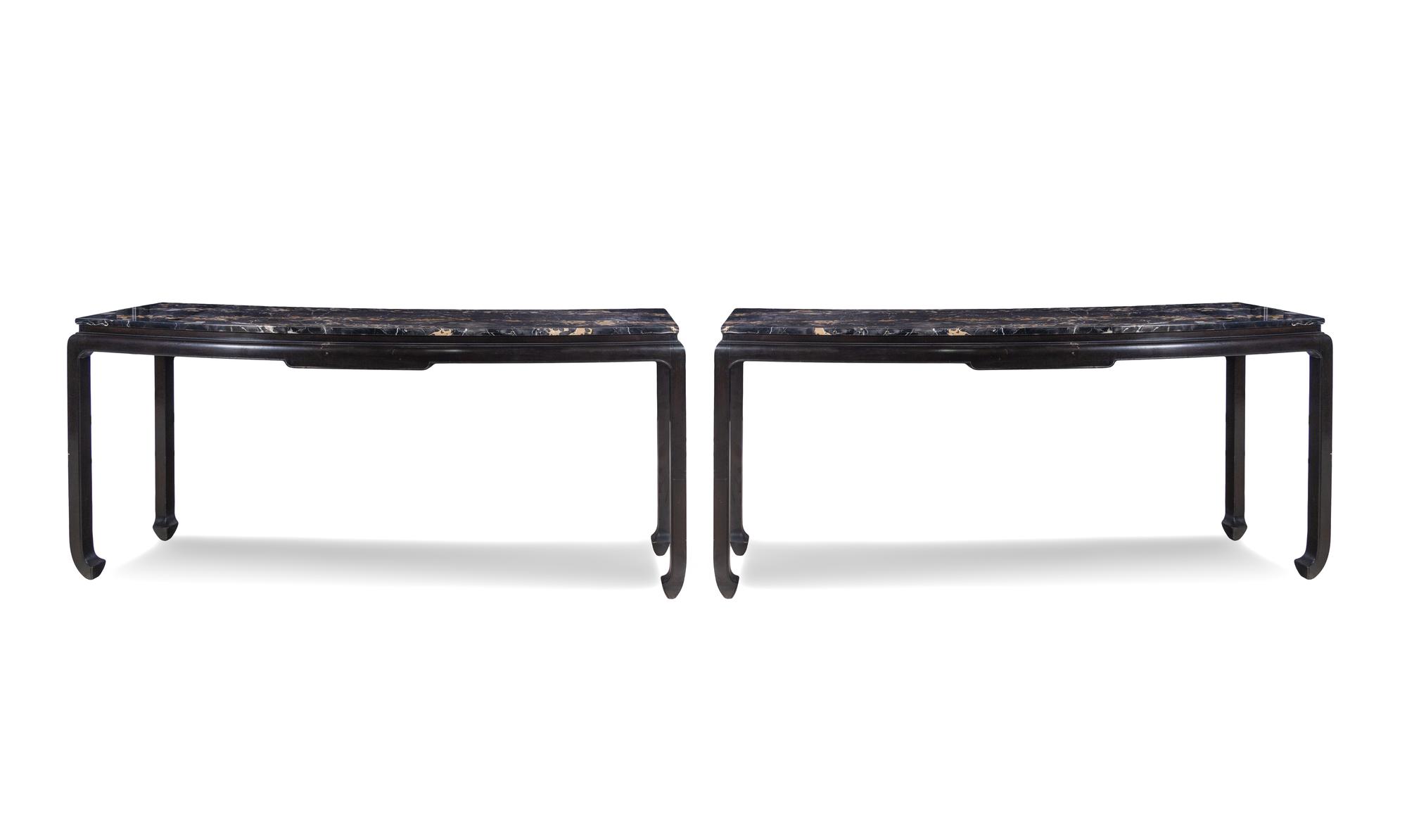 A Pair of Ebonized Marble-Top Console Tables