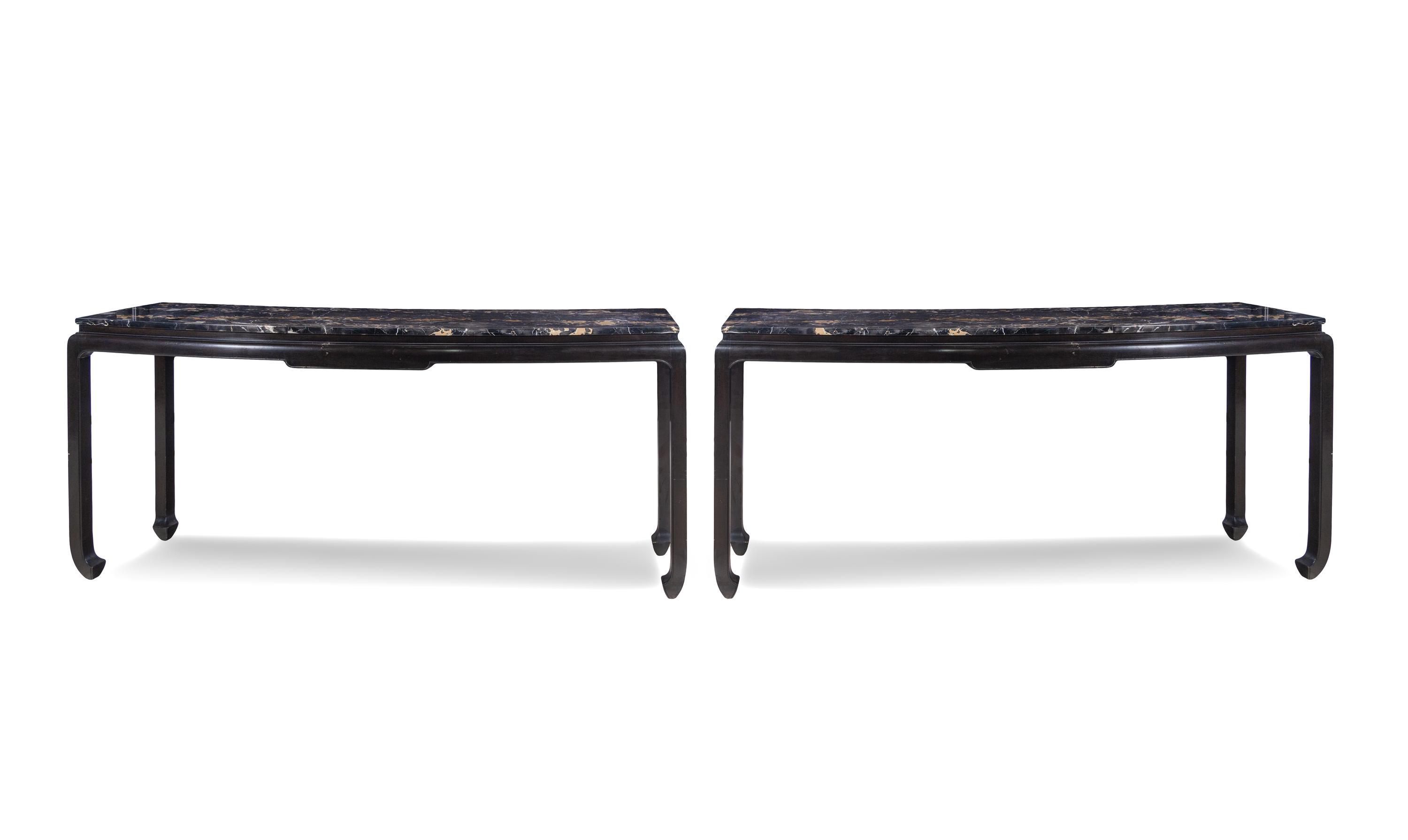 A Pair of Ebonized Marble-Top Console Tables