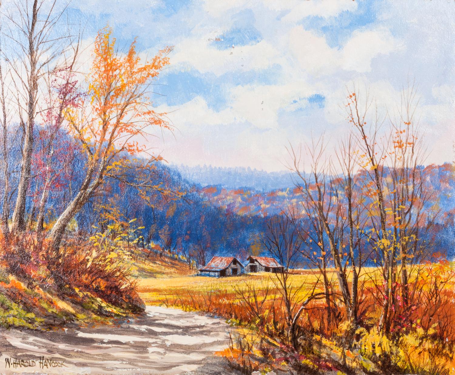 Harold Hancock, (American, 1920-2006), Autumn Landscape with Barn