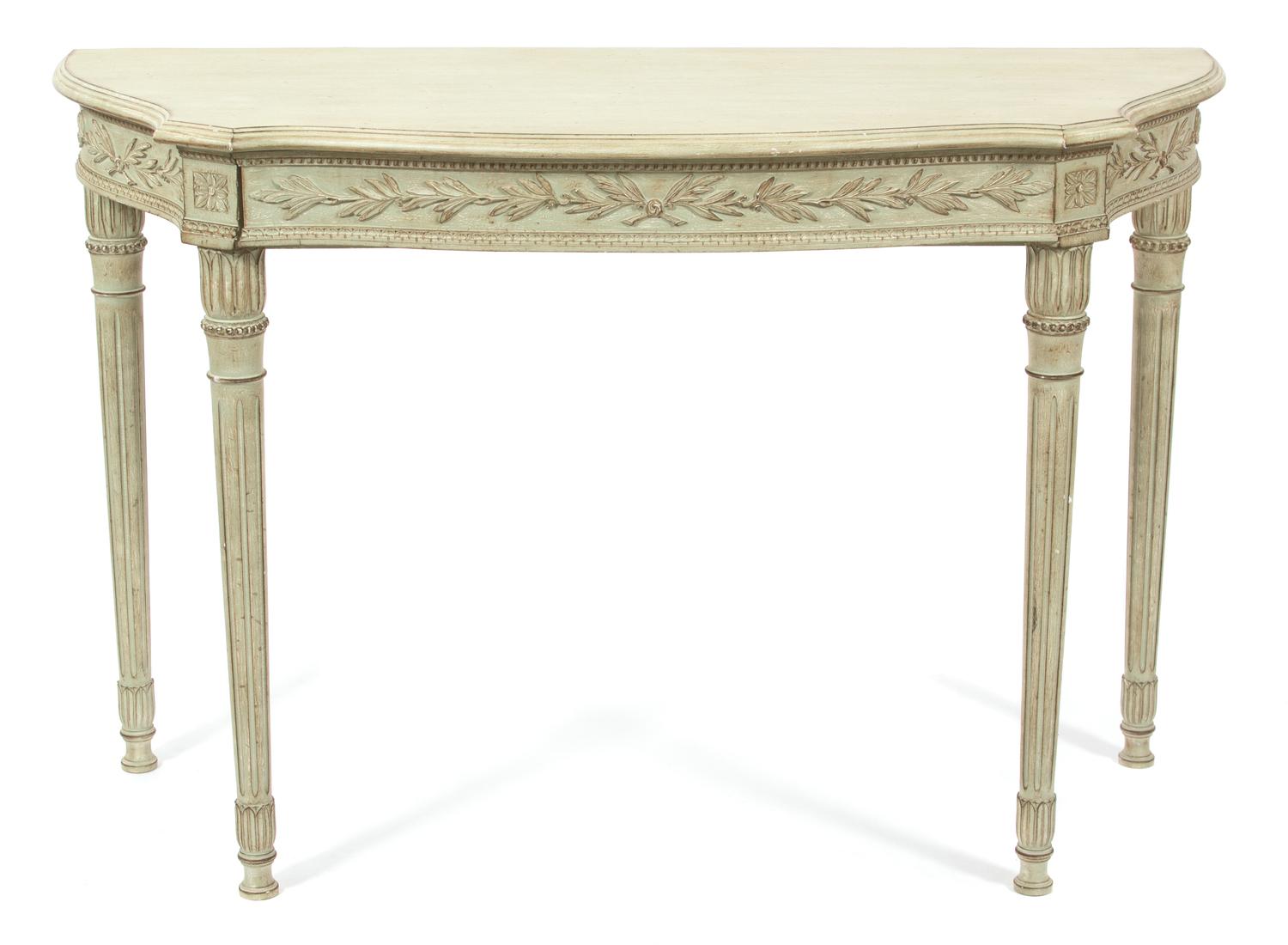 A Louis XVI Style Carved and Painted Console Table Height 31 1/4 x 47 1/2 x depth 20 inches. — 20TH CENTURY