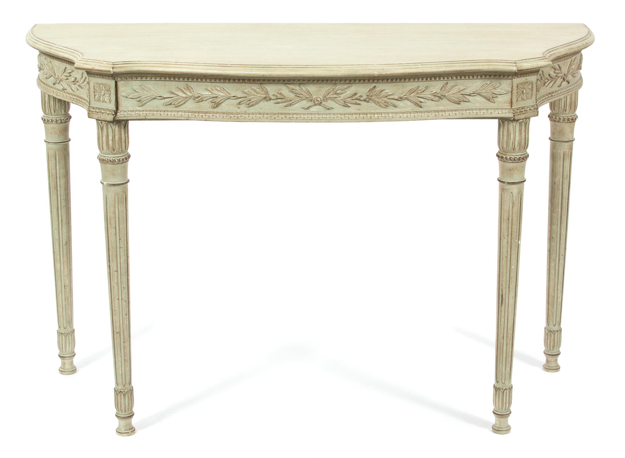 A Louis XVI Style Carved and Painted Console Table Height 31 1/4 x 47 1/2 x depth 20 inches. — 20TH CENTURY
