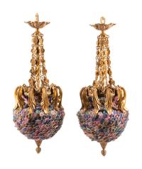 A Pair of Continental Gilt Bronze and Colored Glass Lanterns