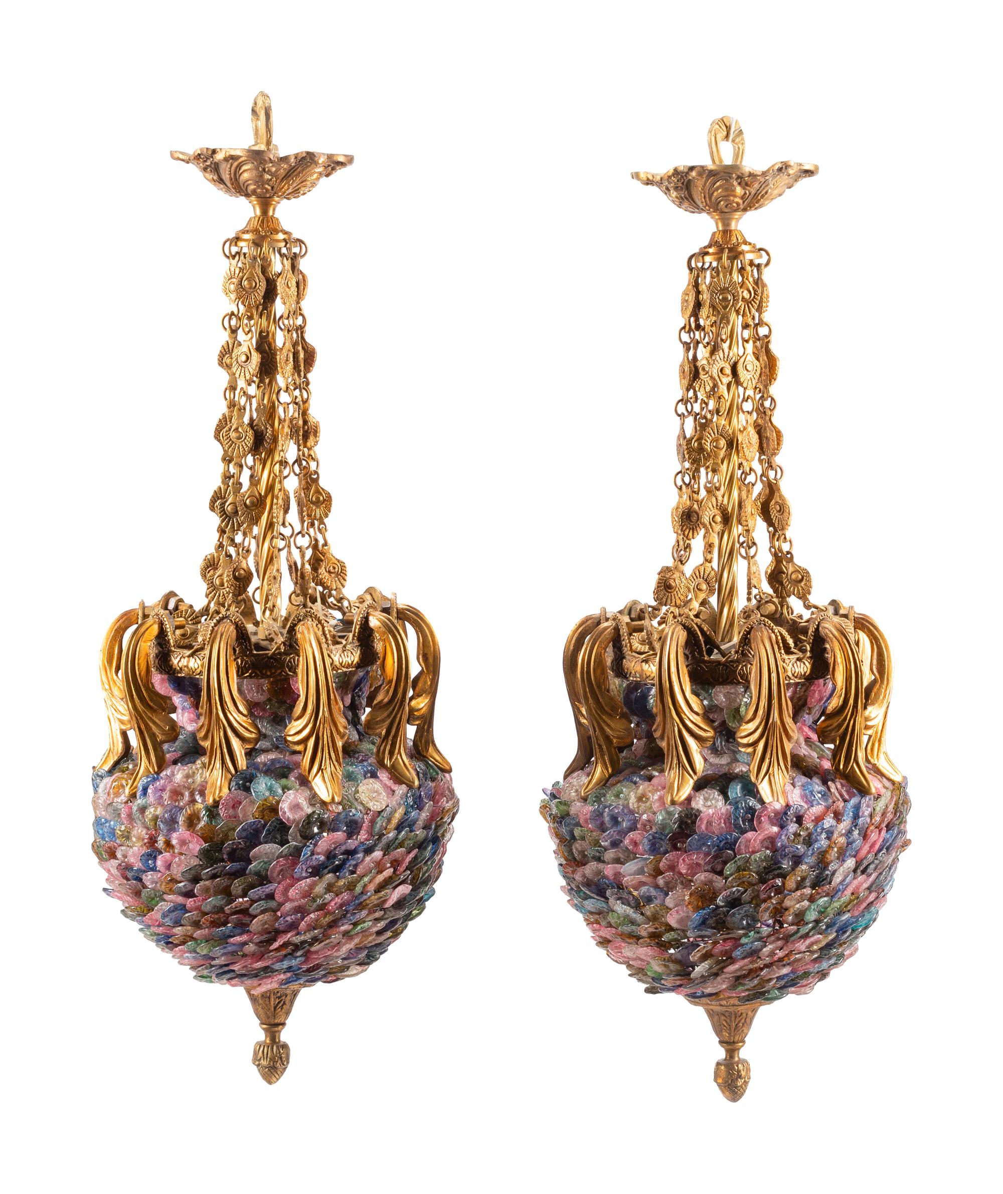 A Pair of Continental Gilt Bronze and Colored Glass Lanterns