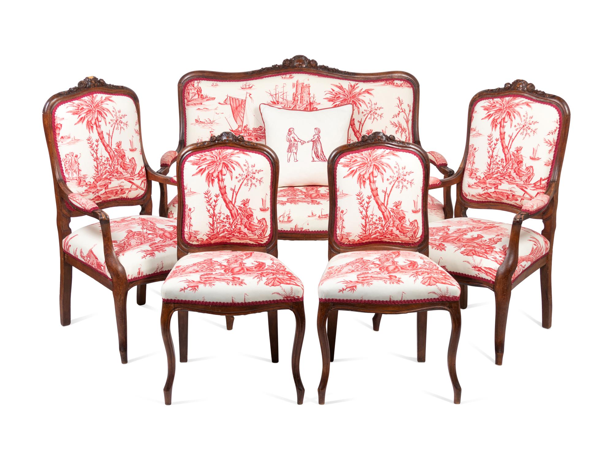 A Louis XV Style Walnut Five-Piece Seating Suite