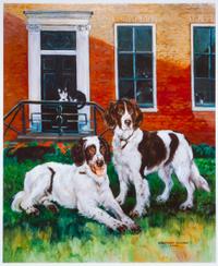 Two Works of Art depicting Brittany Spaniels Larger: 20 x 16 1/2 inches.