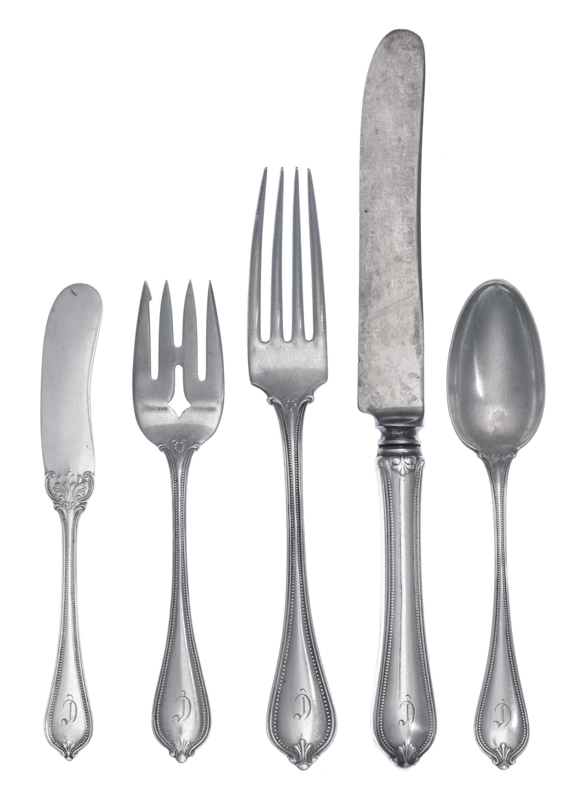 An American Silver Partial Dinner Service, Towle Silversmiths, Newburyport, MA, Old Newbury pattern, comprising: 3 dinner knives 11 but