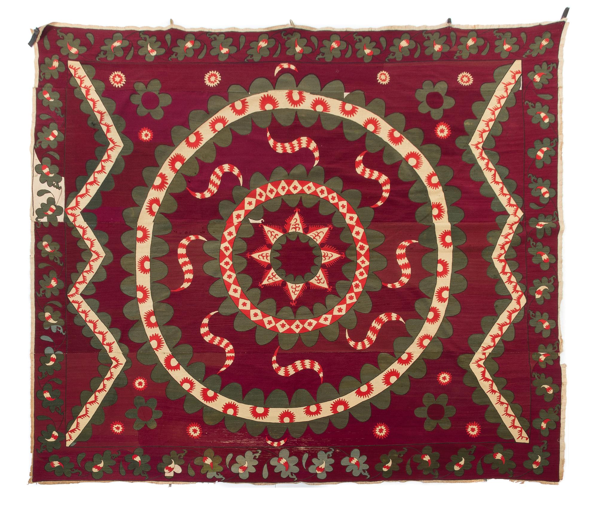 A Pskent Suzani Embroidery 9 feet 4 3/4 x 8 feet 3 inches. — LATE 19TH CENTURY