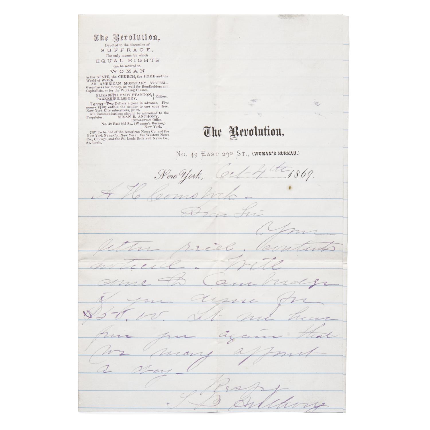 [Women's Rights] Autograph Letter, signed by Susan B. Anthony, 1869, Written on the Stationery of The Revolution : The First Women's Suffrage Periodical