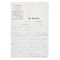 [Women's Rights] Autograph Letter, signed by Susan B. Anthony, 1869, Written on the Stationery of The Revolution : The First Women's Suffrage Periodical