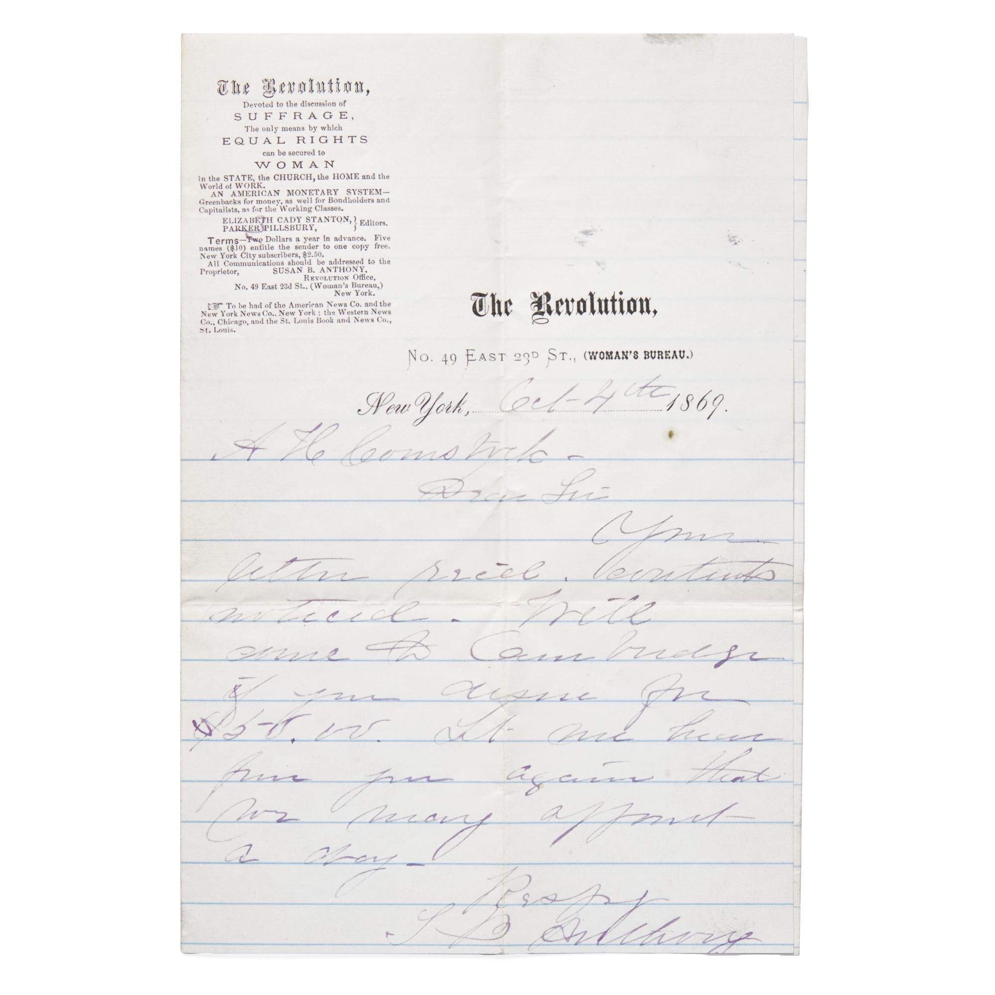 [Women's Rights] Autograph Letter, signed by Susan B. Anthony, 1869, Written on the Stationery of The Revolution : The First Women's Suffrage Periodical