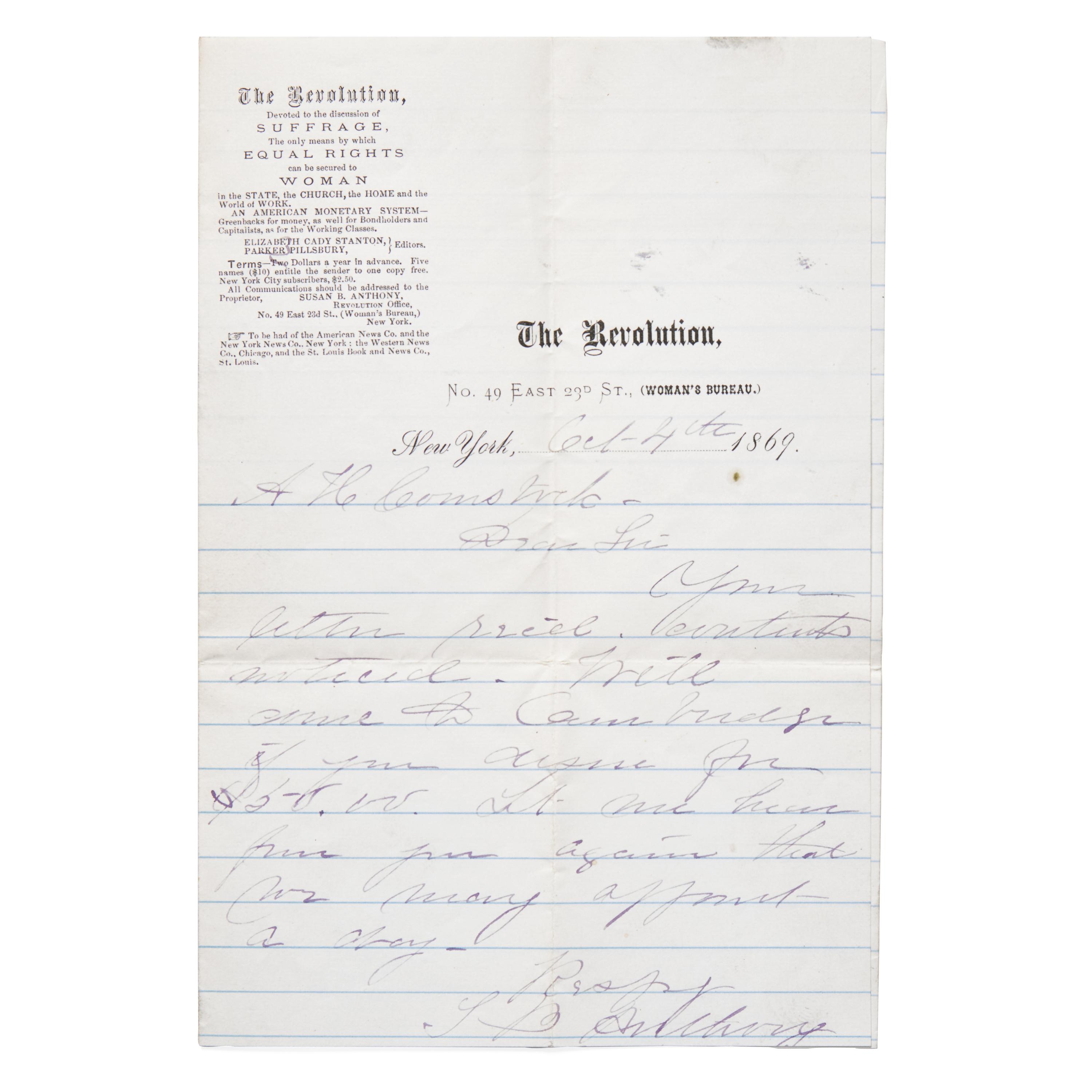 [Women's Rights] Autograph Letter, signed by Susan B. Anthony, 1869, Written on the Stationery of The Revolution : The First Women's Suffrage Periodical