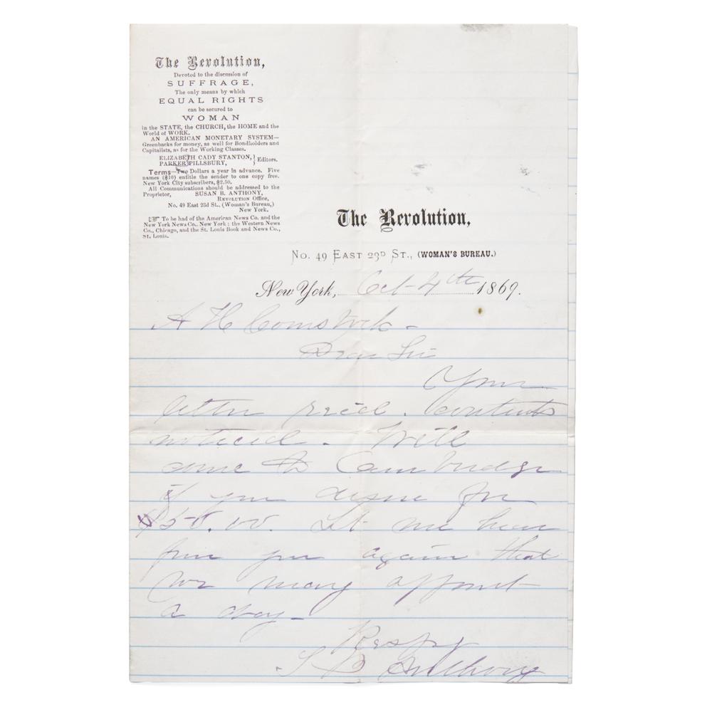 [Women's Rights] Autograph Letter, signed by Susan B. Anthony, 1869, Written on the Stationery of The Revolution : The First Women's Suffrage Periodical