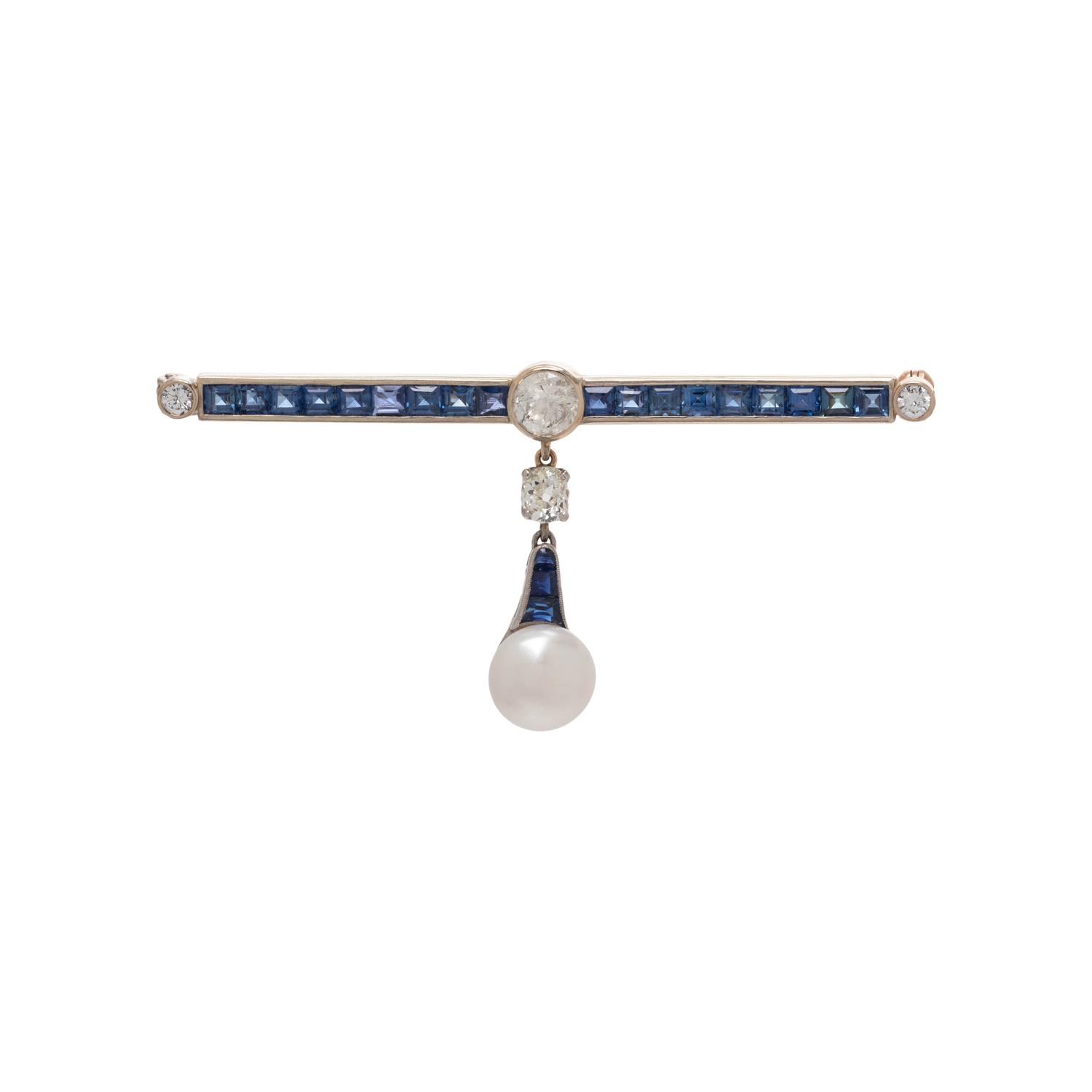 DIAMOND, SAPPHIRE AND CULTURED PEARL BROOCH