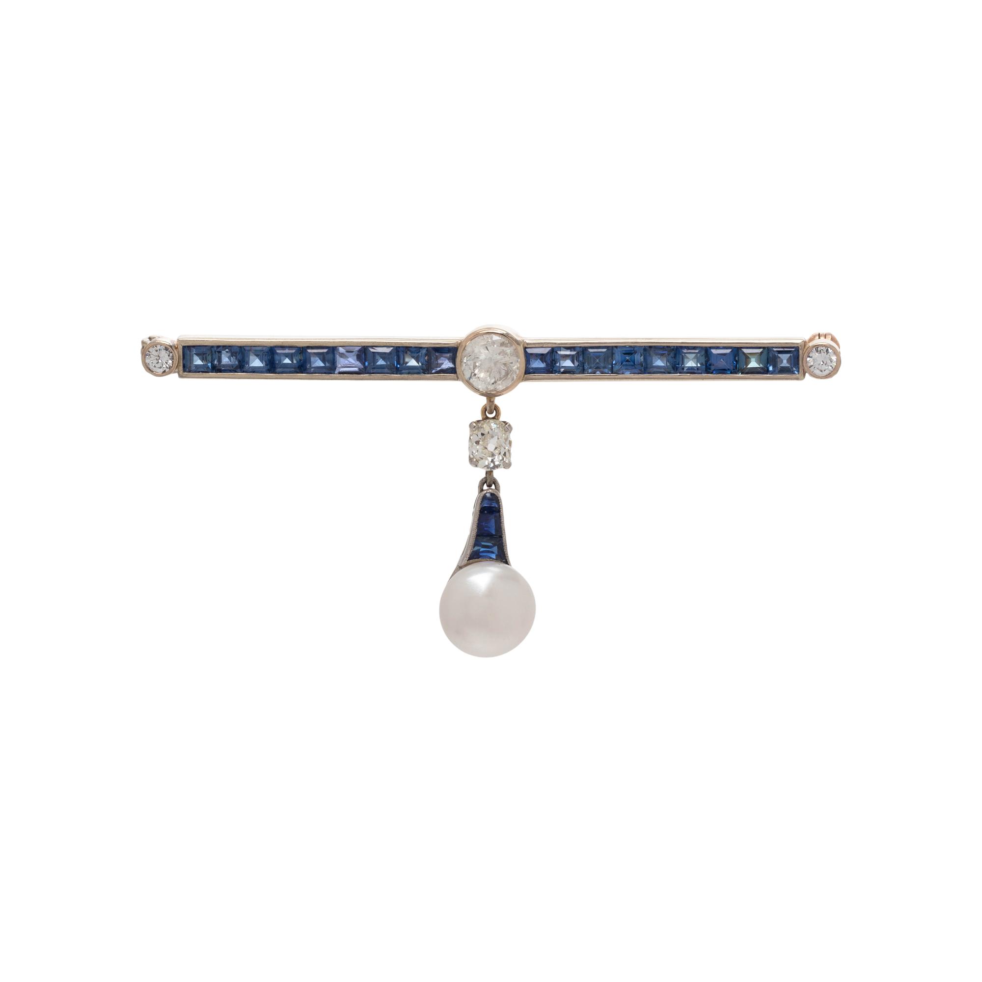 DIAMOND, SAPPHIRE AND CULTURED PEARL BROOCH
