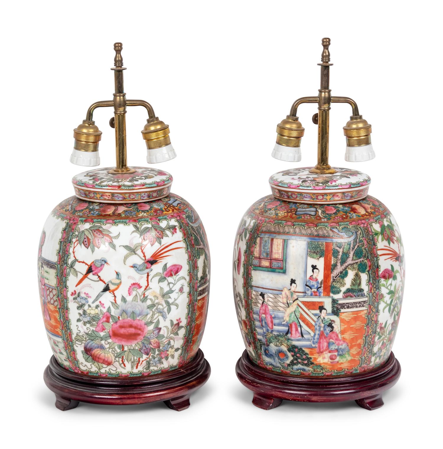 A Pair of Rose Medallion Porcelain Jars Mounted as Lamps